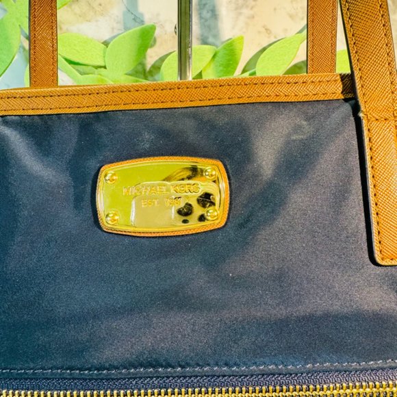 Michael Kors MK Kempton Blue Nylon Saffiano Large Leather Satchel Tote Bag - Picture 5 of 9